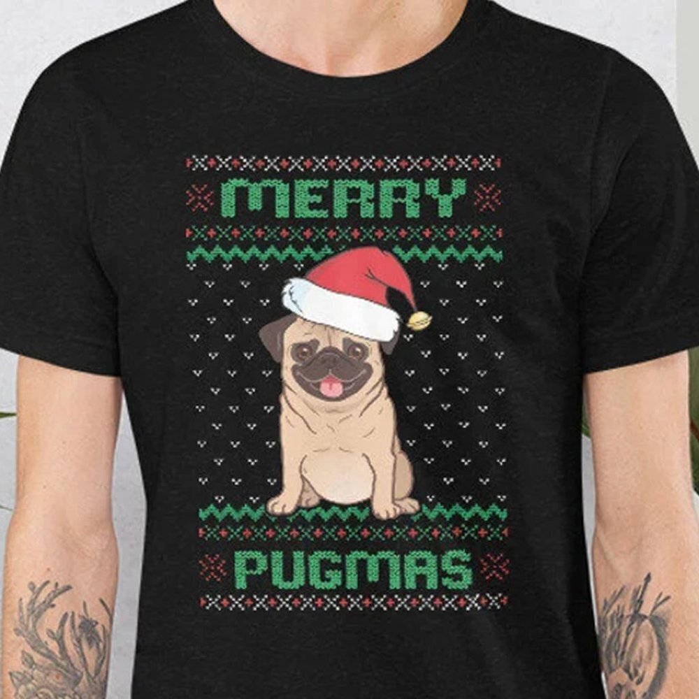 Pug Dog Christmas Tshirt Design Merry Pugmas Santa Claus Hat Print On